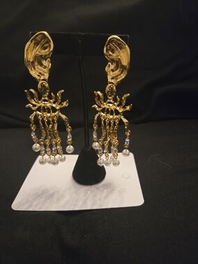 Schiaparelli Inspired Gold Pearl Fringe Dangle Earrings - Women Jewelry